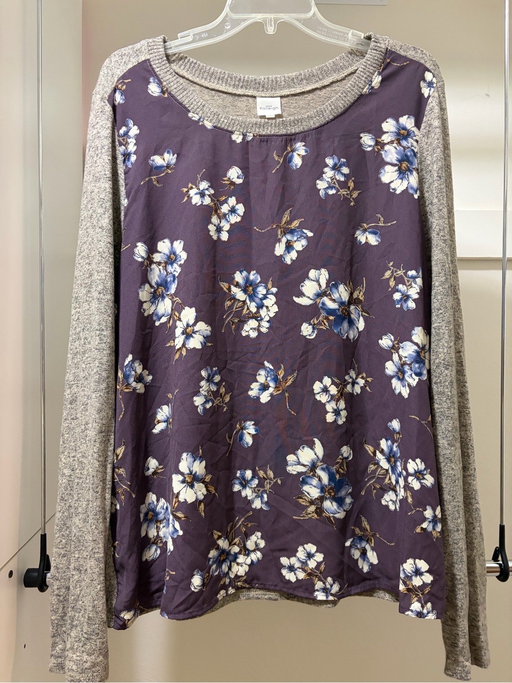 Kensie Purple Floral Mixed-Media Pullover with Gray Sleeves